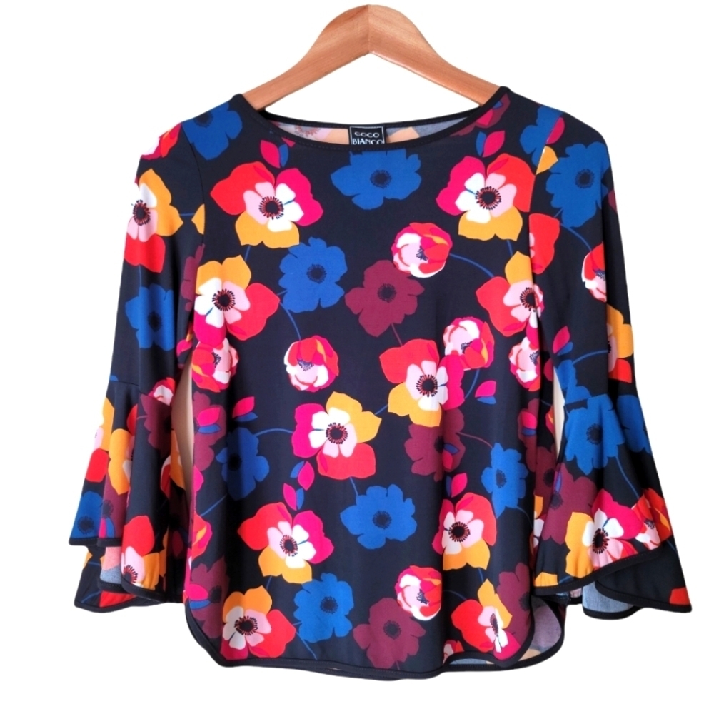 Coco Bianco Floral Bell‎ Sleeve top BOHO Whimsical